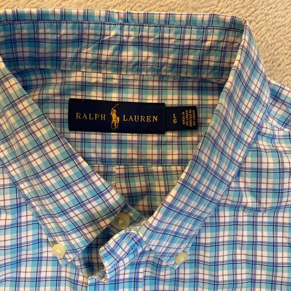 Polo Ralph Lauren Mens Shirt Large Blue Green Plaid Long-Sleeve Button-Down 100% - Picture 8 of 9